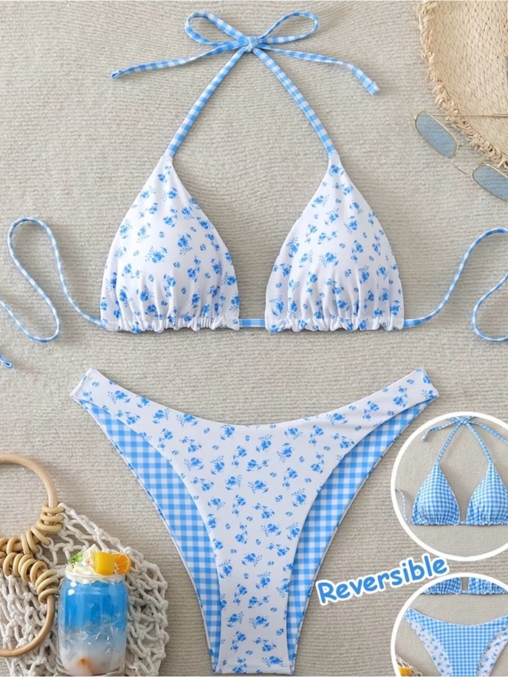 Blue Floral Reversible Triangle Halter Bikini Set